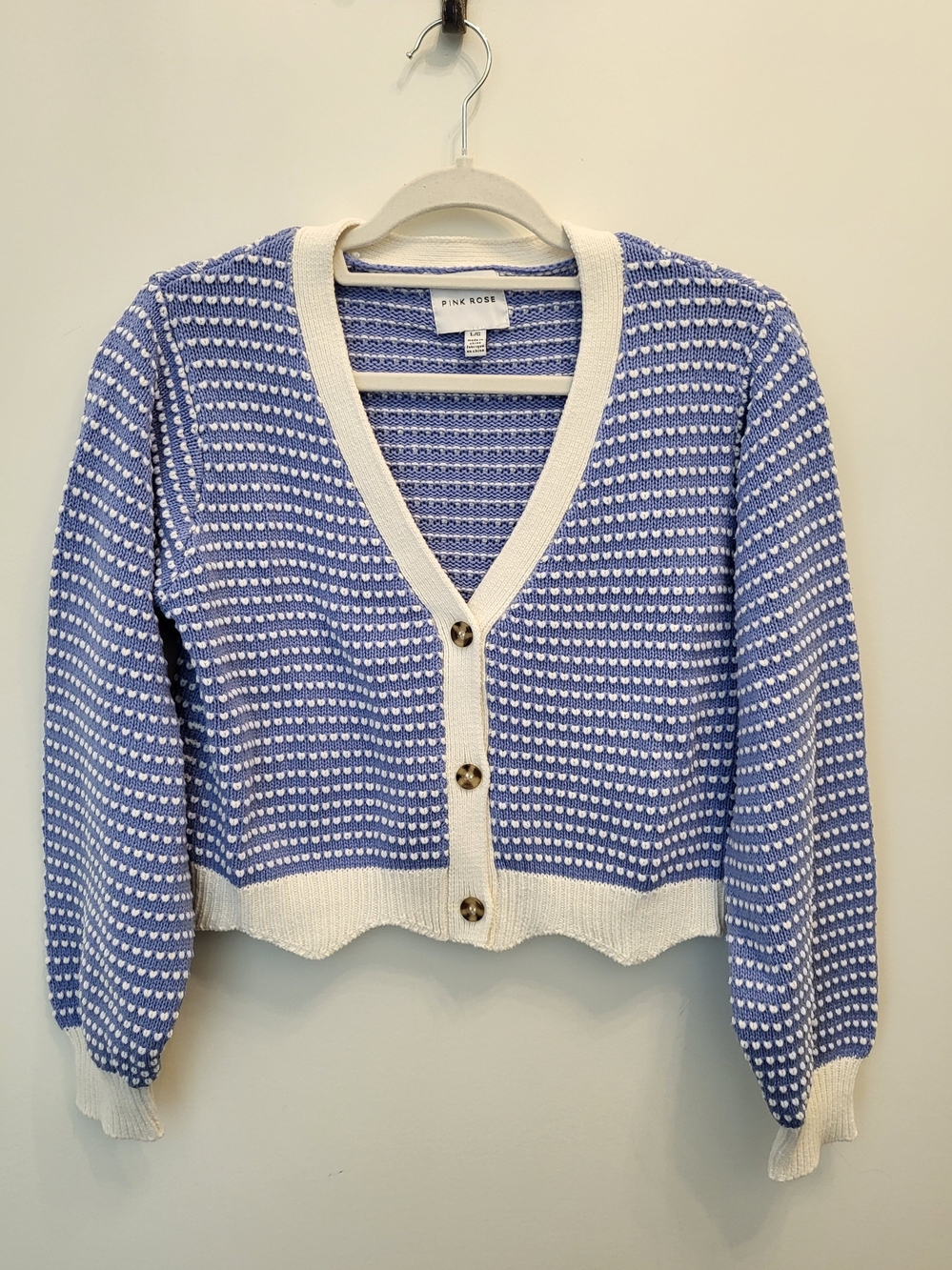 Pink Rose Powder Blue & Cream Cropped Button-Front Cardigan Large